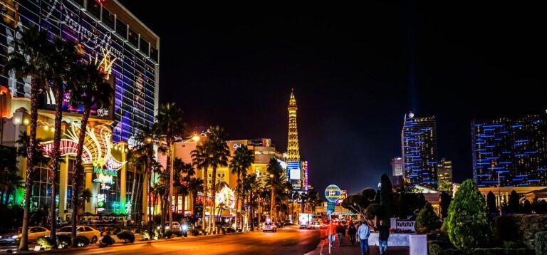 Las Vegas Strip at night with the Paris hotel in the distance